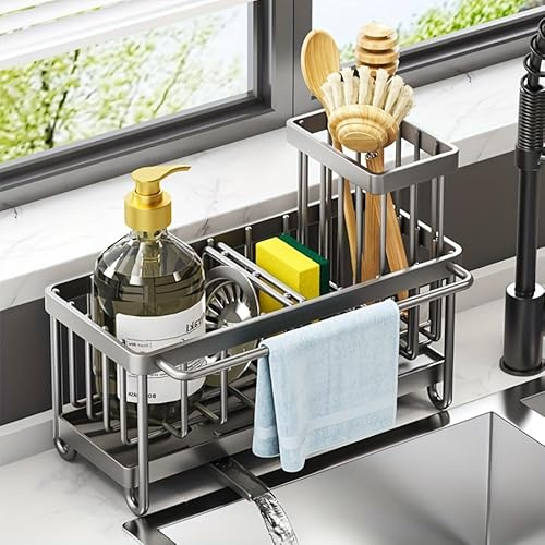 Schwammhalter für Küchenspüle mit hohem Bürstenhalter – multifunktionaler Küchenspüle-Caddy mit selbstablaufender Ablassschale, Küchenspüle-Organizer und Aufbewahrung, Geschirr-Schwamm-Organizer mit
