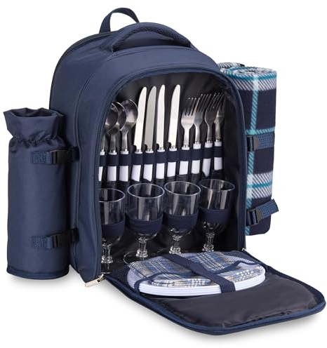VonShef Picnic Backpack, 4 Person Navy Picnic Bag with Full Dining & Cutlery Set, Insulated Cooler Compartment & Large Waterproof Blanket, Lightweight Water Resistant Camping Accessories