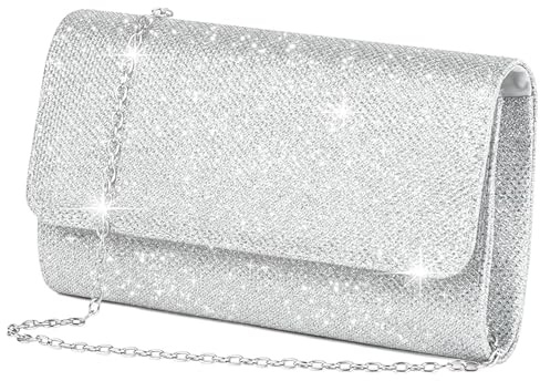 SKJAXF Women's Clutches, Elutch Bag Silver Handbag Purse with Detachable Chain Strap, Elegant Sequins Clutch Bags for Women Wedding Bridal Prom Ladies Evening Bag for Women, Valentine's Day Gifts