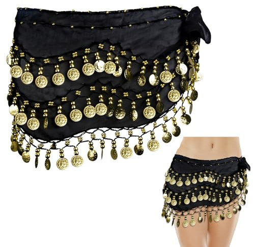 Bauchtanz Hüfttuch, Bauchtanz Kostüm Damen mit 128 Gold Münzen, Chiffon Tanztuch Bauchtanz Gürtel Rock, Yoga Belly Dance Costume