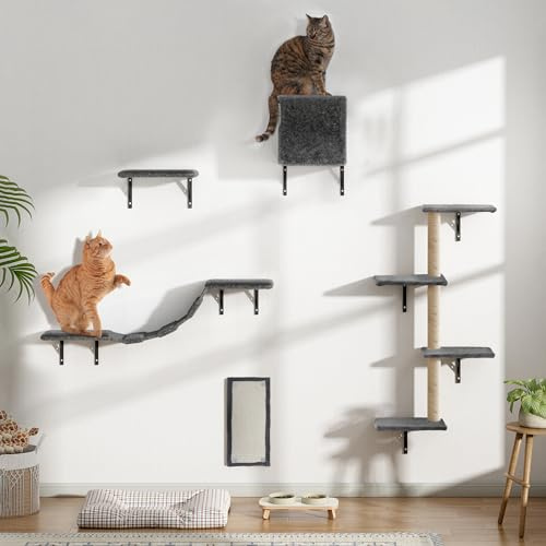 5-in-1 Cat Climbing Wall Set, 10 PCS Cat Wall Furniture Modular Cat Shelves with 38.25'' Scratching Post, Condo, Bridge, Stable & Safe Wall Mounted Furniture