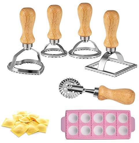 Kimprinsj Manual Aluminium Dumpling Maker Set with Square, Round & Heart Molds, Ravioli Wheel, Silicone Mold, Brown