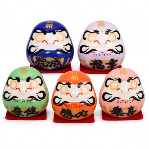 Zerodeko Japanische Wunschpuppe 5er Set Keramik Glücksbringer Figuren Bodhidharma Miniatur für Auto Dashboard und Zuhause Zen Deko Set ohne Augen für Erfolg und Glück Handgefertigt Porzellan 4.8cm