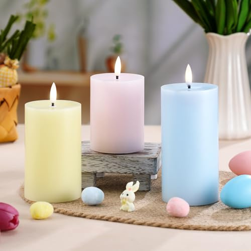 Hiboom 3 Pcs Flameless Candles LED Flameless Pillar Candles Real Wax Multicolor Fake Battery Operated Wedding Decor, H 3.94 4.92 5.91 x D 2.95(Pink, Blue, Yellow)