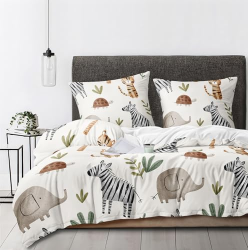 Boqingzhu Kinder Bettwäsche 135x200 cm Tiere Zebra Elefanten | Elefant, Zebra, Schildkröte, 3D Mikrofaser mit Reißverschluss, OEKO-TEX Zert, Sicher, Weich, für Mädchen und Jungen