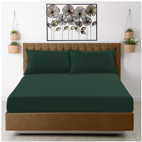 GC GAVENO CAVAILIA Microfiber Fitted Sheet Double - Plain Bed Sheets - Deep Pocket 10 inch (25cm) - Shrinkage, Wrinkle Resistant Bottom Sheet, Dark Green to Mattress (137x193 cm) - Machine Washable
