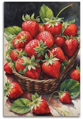 ZOGJIN Watercolor Style Strawberries in Basket Fruit Poster Modern Wall Art Canvas Aesthetic Decoration Painting 12x18inch(30x45cm) Unframe-style