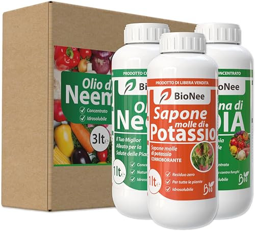 Olio di Neem - insetticida naturale biologico solubile in acqua (1 litro) + Sapone Molle di Potassio (1 litro) + Lecitina di Soia (1 litro)