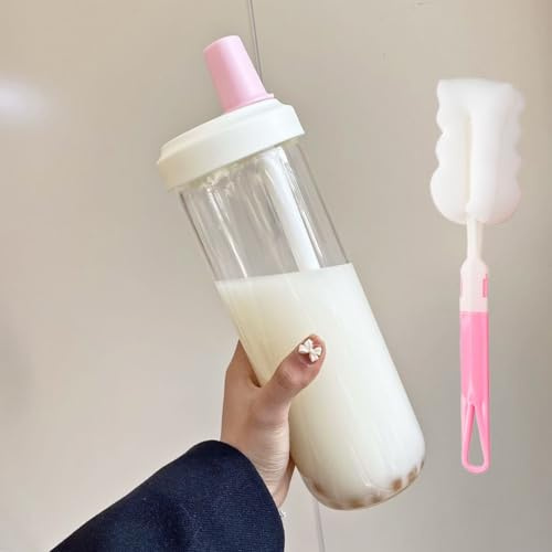 500/850ml Milk Tea Straw Cup,Plastic/Glass Reusable Large-Capacity Iced Coffee Cups with Lids,Transparent Juice Bottle,Portable Leakproof Drink Tumbler for Water,Bubble Tea,Smoothies(Glass-Pink,800ml)