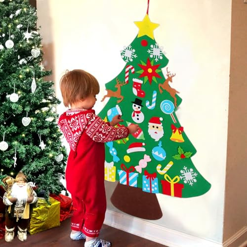 QIFU Albero Di Natale In Feltro Per Bambini, Decorazioni Natale Per Bambini Con 33 Ornamenti Staccabili, Fai Da Te Velcro Albero Di Natale Pieghevole Parete Montessori Natale Addobbi