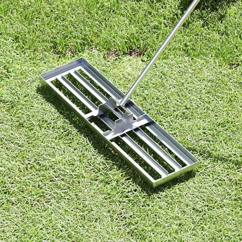 RELAX4LIFE Râteau de Nivellement en Métal, Râteau de Jardinage à Main avec Poignée Antidérapante 170 CM, Outil de Nivellement de Pelouse pour Jardin Cour Terrain de Golf (91 x 25 cm | Argenté)