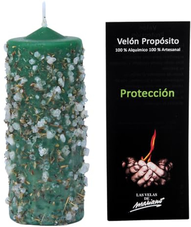 Candela di protezione con sali e resine – Candela esoterica artigianale verde 5,5 x 14 cm – Pulizia energetica e contro le cattive energie – Ritualizzata e 100% naturale – Le candele di Mariano