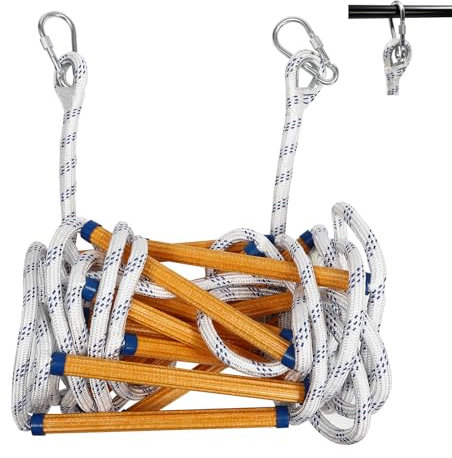 Escalera de cuerda de 6 m con 2 ganchos, capacidad de carga de 200 kg, cuerda de polipropileno ignífuga y mosquetón de acero al manganeso para balcón, apartamento, casa en el árbol, resistente al