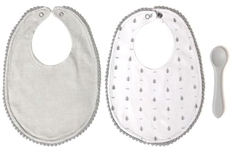 Kiokids | Set Gris de 2 Baberos y Cuchara de Silicona | Baberos Impermeables con Recoge-Migas y Cierre Ajustable | Cuchara Suave y Flexible | Lavable, Reutilizable y Unisex | Apto desde 6 Meses