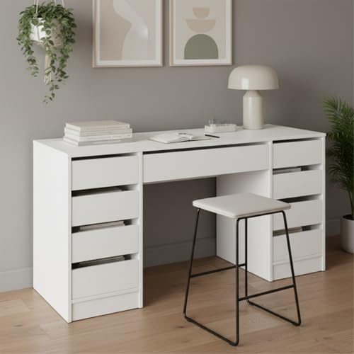 Bellamio Nore Schreibtisch Weiß, 9 Schubladen, Schminktisch Kombi, Stauraum | Jugendschreibtisch 77x53x145 cm, Computertisch mit beidseitigen Schubladen, Bürotisch, Schminktisch-Kombi, Arbeitsplatz