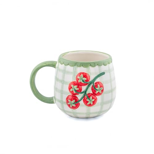 Sass & Belle Taza de tomate pintada a mano – Taza de café y té de cerámica a cuadros – Regalo único para mamá, tazas novedosas para él o ella, vajilla de cocina para el hogar, coleccionable peculiar