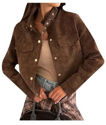 ZICUE Mujeres Biker Retro Chaqueta De Moda Recortado Ante Abrigo Corto Cuello De Manga Larga Ropa Exterior Café XL