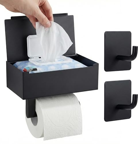 BrightOn® Toilettenpapierhalter mit Feuchttuchbox & 2 Wandhaken, Edelstahl, Wandmontage, Klebe- oder Schraubmontage, Mattschwarz