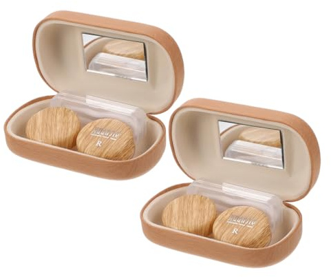 CIYODO Portable Hard Shell Contact Storage Box with Mirror Vintage Leather Wood Grain Design Large Double Compartments Travel Eye Care Organizer for Colour Contact Lenses and Glasses