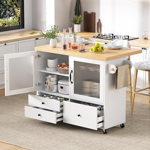 NovaFurnish Isola da cucina mobile con ruote e tavolo da pranzo estraibile, carrello da cucina con porta bicchieri da vino e vano portaoggetti, ideale per cucina e sala da pranzo (bianco, 42 x 100 x