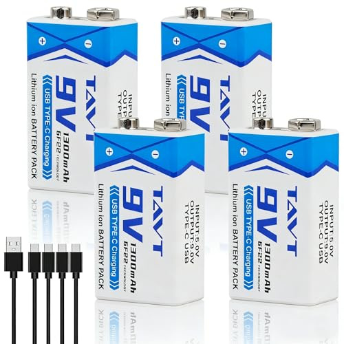 TAVT 4er-Pack 1300mAh 9V Akkus mit USB-C Ladeanschluss für Rauchmelder, Spielzeug, Multimeter, Funkgeräte und Mikrofone