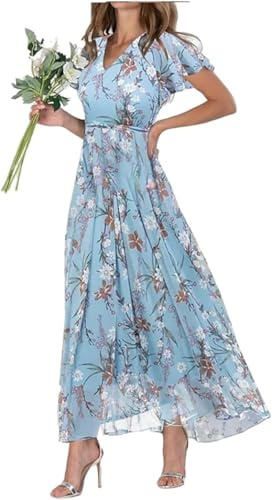 Barley Direct Women's Chiffon Floral Maxi Dress - Summer Elegant Boho Long Flowy Dresses Ruffle Sleeves V Neck Vacation Beach Outfit Wedding Guest Engagement Cocktail Party(M)