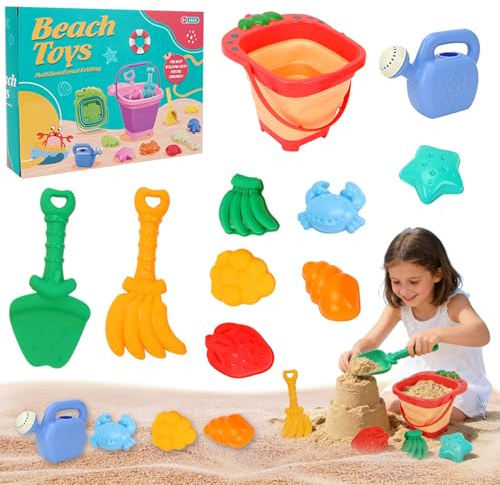 Sandspielzeug Strandspielzeug Kinder, Sandkasten Spielzeug Kinder mit Faltbarer Eimer, Schaufel, Rechen, Sandförmchen und Netztasche, Reise Sand Spielzeug Set, Gartenspielzeug ab 1 2 3 4 5 + Jahre (A)