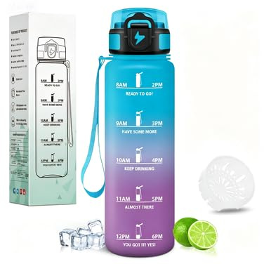 Motswedi Trinkflasche 1l, Trinkflasche Kohlensäure Geeignet, mit Zeitmarkierung und Filter, Wasserflasche, Auslaufsicher, Sportflasche, für Wandern, Gym, Yoga, Outdoor, Blau & Violett
