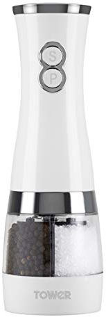 Tower T847004W Electric Duo Salt and Pepper Mills, Battery Operated with Adjustable Ceramic Grinders, Black and White