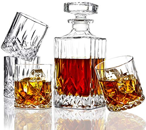 Elidomc - Set di 5 pezzi da whisky con decanter in cristallo artigianale italiano, e 4 bicchieri da whisky, set di decanter per whisky, da uomo