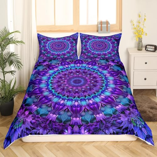 Erosebridal Bohemian Mandala Comforter Cover Queen Size for Kids Children Tie Dye Spiral Duvet Cover Hippie Hippy Boho Bedding Set Exotic Floral Bedspread Cover, Purple with Corner Ties Décor