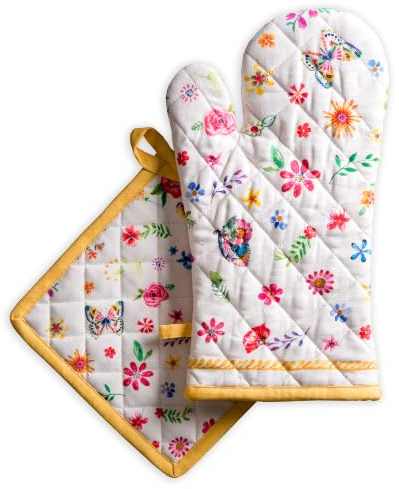 Maison d' Hermine Ensemble manique et Gant de Cuisine 100% Coton (19 x 33 cm et 20 x 20 cm) Gants résistants à la Chaleur pour Manipuler Les Plats Chauds, Printemps-été (Happy Florals - Sweety)