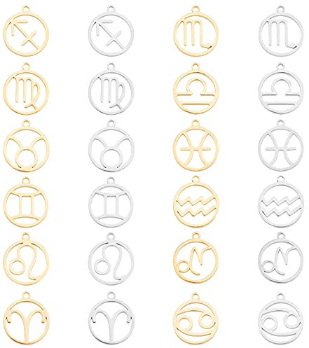 UNICRAFTALE 24St 2 Farben 12 Sternbilder Charms，Ring Mit Edelstahl Sternzeichen Laser Geschnittene Zeichen Charms Und Astrologie Sternbild Anhänger Armbänder Halsketten Schmuckherstellung Handwerk