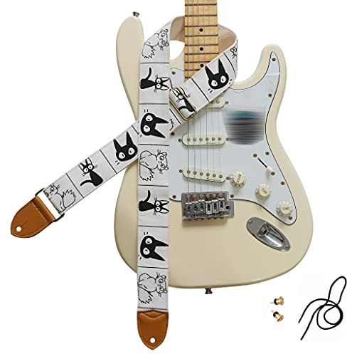 MUSIC FIRST Original Design, 2 inch width (5cm), Cute Comic Cat Soft Cotton Canvas & Genuine Leather Electric Guitar Strap Bass Strap (Comic Cat)