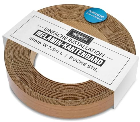 WoodPress® 15mm Buchenoptik Melamin-Kantenumleimer zum Aufbügeln 7,5m | Kantenumleimer mit Schmelzkleber, flexible Bügelkante für schnelle Möbelreparatur sowie Schrank- und Regalkanten