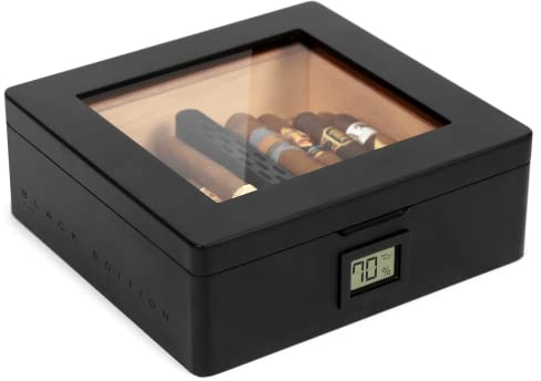 CASE ELEGANCE MAG Humidor, Glasplatte mit Magnetverschluss, Aufbewahrung für 20–30 Zigarren, mattschwarz mit maßgefertigter polierter schwarzer Hardware, digitaler Hygrometer, schwarz