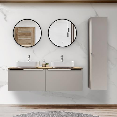 Lomadox Badezimmermöbel Badmöbel Set, Taupe mit Vintage Eiche, 160cm Doppel-Waschtisch-Unterschrank mit Schubkästen, 2 Waschbecken, 2 LED-Spiegel 60cm mit Touch-Funktion, Hochschrank