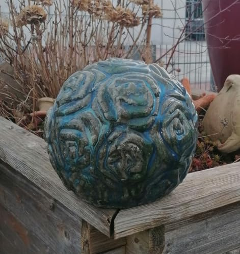 Generisch Schöne Kugel mit Rosenmuster ø ca. 20 cm aus winterfesten Steinzeug blaugrün glänzend glasiert Deko Garten