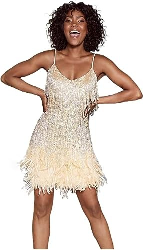 Tina Turner - Abito con frange oro con piume outfit disco anni '70 costume da donna anni '20 Charleston minidress, Taglia: XXL