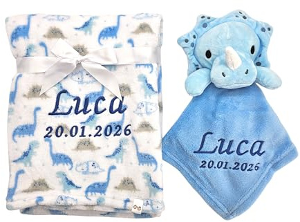 KIDDI-MEDIA Babydecke, Blau Dino, mit Name und Geburtsdatum Bestickt | inklusive Trösterchen, kuschelig weich