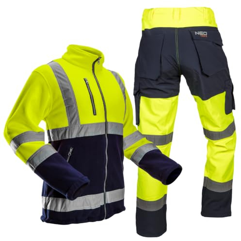 NEO TOOLS Ensemble Pantalon de Travail Haute Visibilité + Veste Polaire de Travail Homme - Pantalon Imperméable (Colonne d'eau 8000 mm) en Softshell avec Doublure Polaire - Jaune, S-XXL