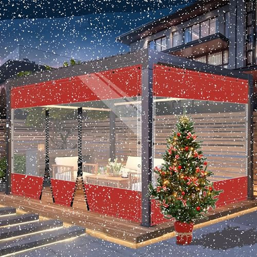 SDLLG Transparent Pavillonplane Gartenplane mit Ösen PVC Winddicht Vorhang 0.5mm Wasserdichter Plane Trennvorhang für Draussen Terrassen Garten Balkon 2x2.6m(HxL) Rot mit 2 Reißverschlüsse