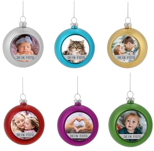 MilyaDE 6 Stück Weihnachtskugeln mit eigenem Bild, Kunststoff innen Glitzer Lametta 6cm, Christbaumkugeln Personalisierte selbst gestalten