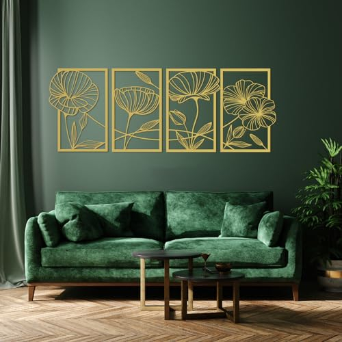 Opaltool Gold Metal Wall Decor, 4PCS Mental Lotus Flower Wall Decor Wall Ornaments, Flower Wall Art Single Line Iron Wall Sculptures for Home Office Living Room Hotel Decoration
