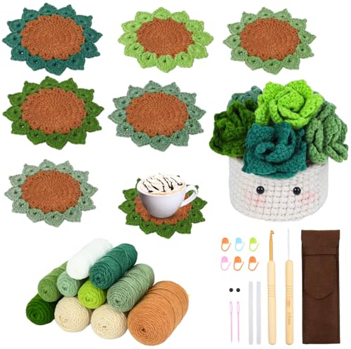 HoaaiGo Häkelset für Anfänger, 6 Stück handgefertigte Untersetzer in einem Blumentopf, Häkel-Startset, komplettes Anfänger-Häkelset mit Garn, Zubehör, komplettes Häkel-Starter-Set für erwachsene