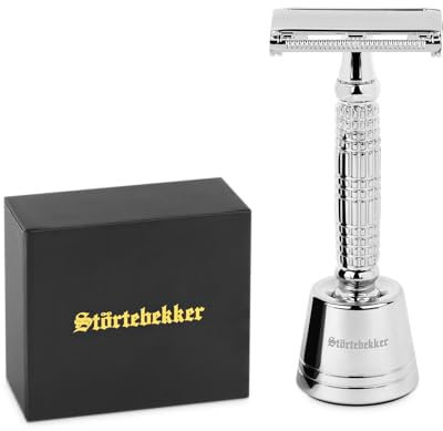 Störtebekker® Premium Rasierhobel 'Hamburg' im Set mit Rasierständer 'Hamburg' - Silber - hochwertiges Zubehör für dein Badezimmer - rutschfester Boden - massiver Stand - 125g - Geschenkidee