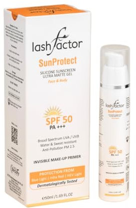 Lashfactor SunProtect - Silicone Sun Cream SPF 50 for Face - PA+++, Broad-Spectrum Formula Protects Skin, Water/Sweat Resistant, Blue Light Protection, Dermatologically Tested, 50ml (Pack of 1)