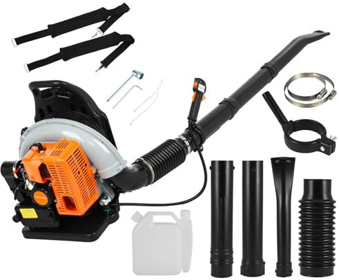 funrautz 52CC Ryggsäck Bensin lövblåsare, 665 CFM, orange, gasdriven, 2 takts, snöslungare, bärbar, trädgårdsgräsmatta gräs strimla damm snö