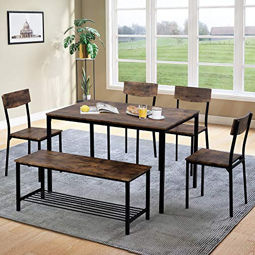 Rtopsu Essgruppen Esszimmergruppe 6-teilig, Tisch 110x70 cm mit 4 Stühle und Bänken, Esstisch Küchentisch Set Industrie-Design mit Metallbeinen, Bartisch Set für Esszimmer Wohnzimmer Küche
