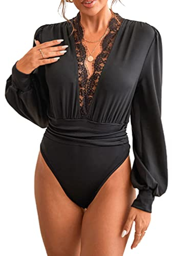 SUIUOI Body con mangas abombadas, elegante blusa bodysuit, body de manga larga con escotes profundos, cuello en V y encaje, camisa de manga larga con encaje, túnica plisada de manga larga, camisa de